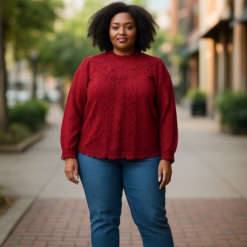 Torrid Womens Lace Blouse High Neck In Rhubarb Red Size 2 (2X) Whimsy